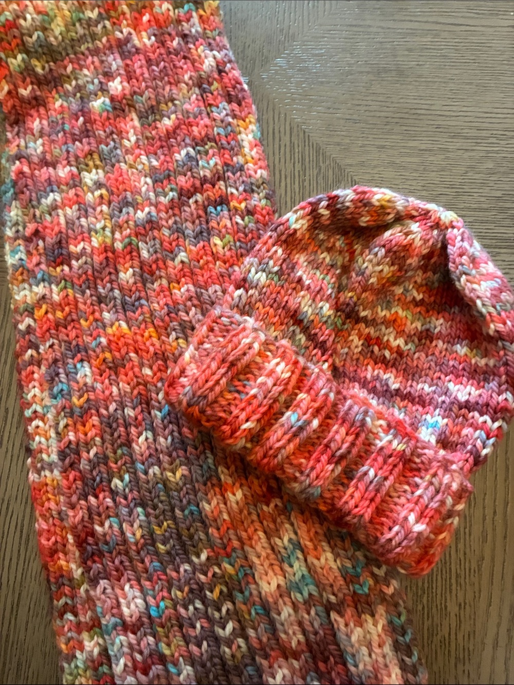 New Hand Crocheted Kids Multicolor Knit Hat & Scarf Set - Pink Accent Gift set